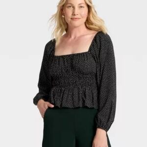 NWT a new day Black Polka Dot Balloon Sleeve Top Size Large